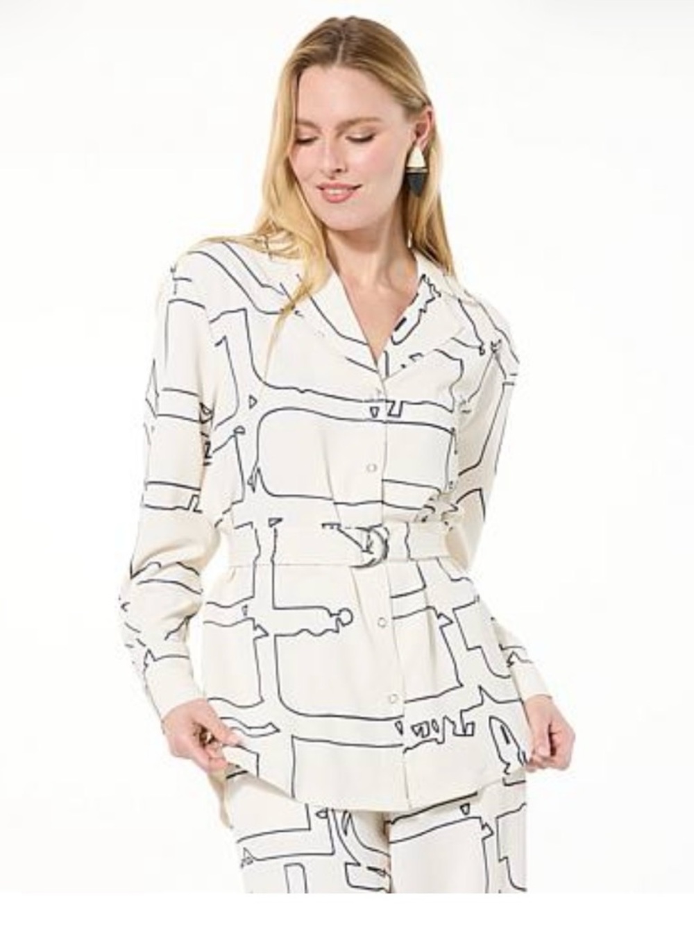 GREY Logo Print Button-Down Top in Ivory with Black Graphic Lines L